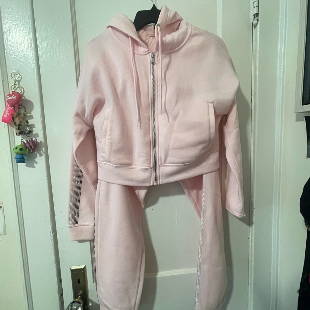 Fashion Nova Soft Pink Bomber Jacket & Jogger Set with rhinestones